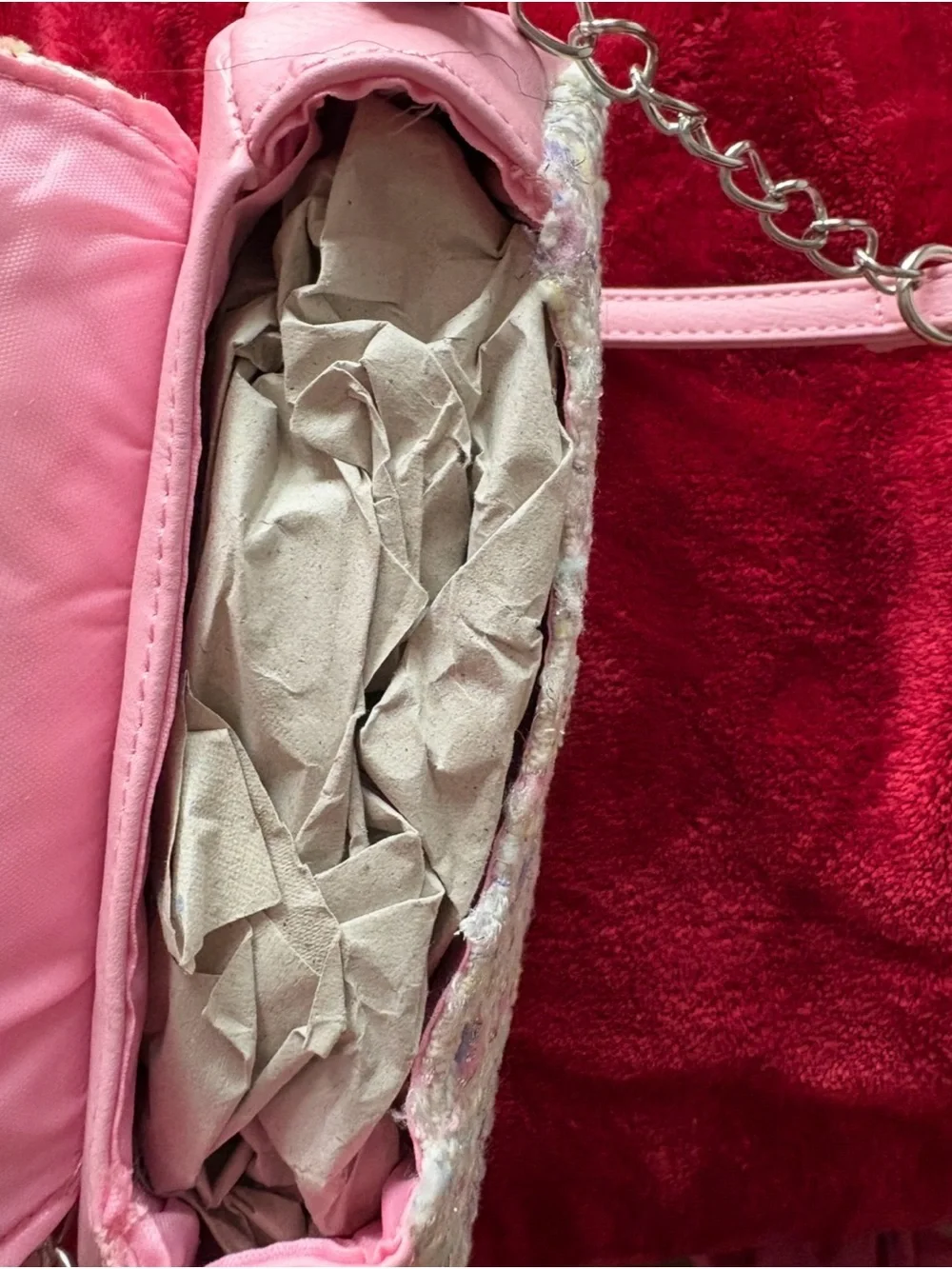 Kids Pink Tweed Butterfly Crossbody Bag with Pearl Handle